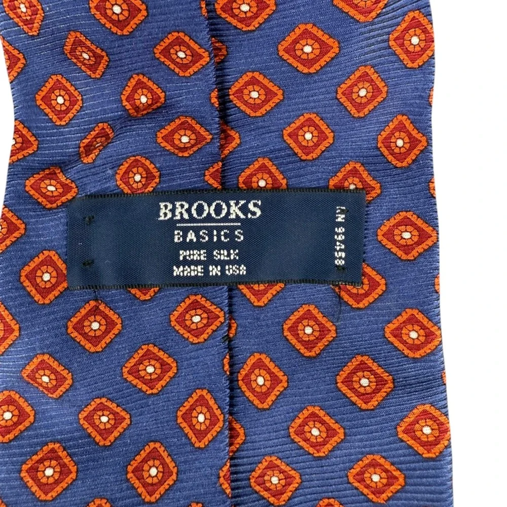 Brooks Basics Mens Blue Orange Geometric‎ Silk Necktie